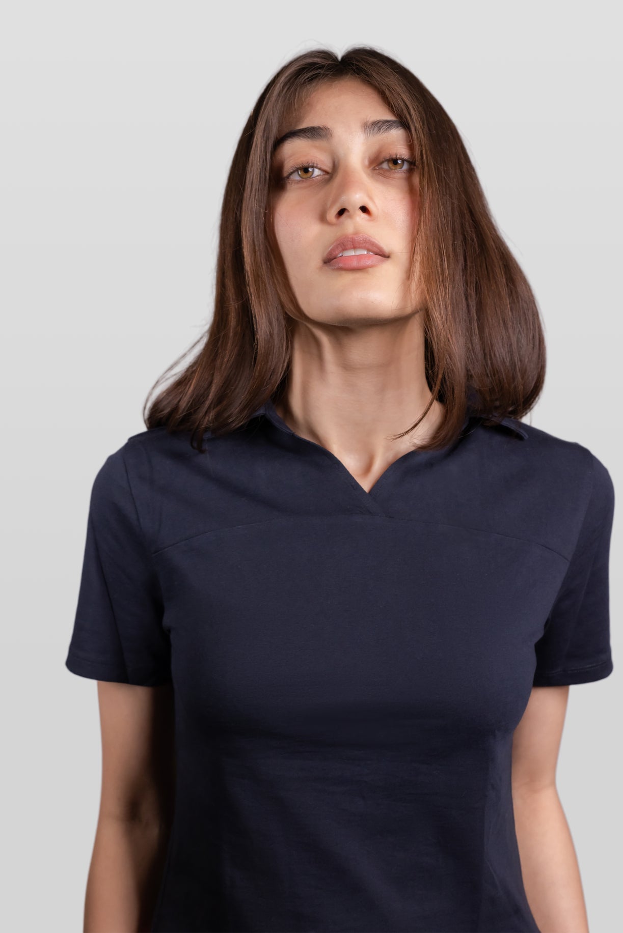 Navy Blue Ribbed V-Neck Collar Top