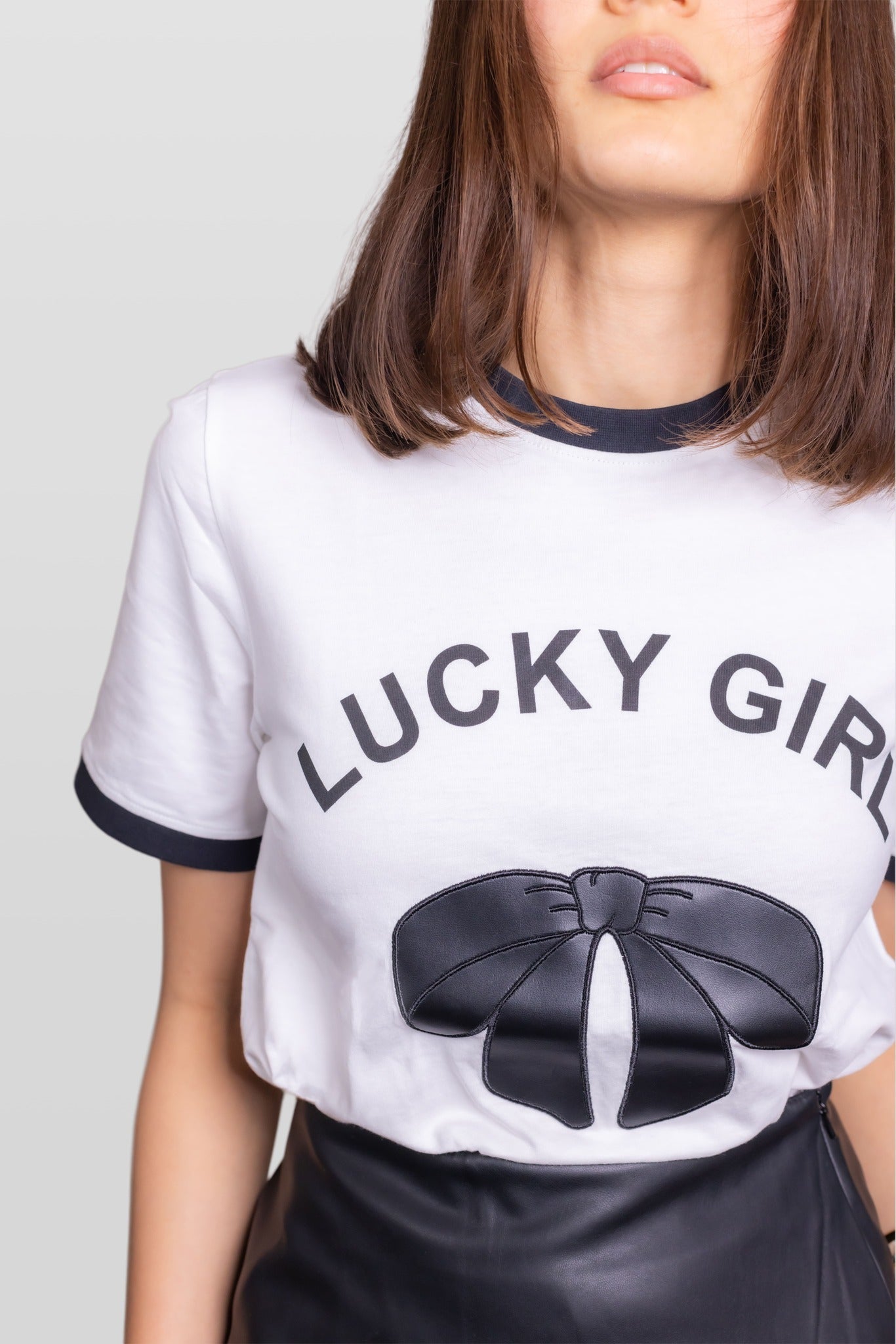 Lucky Girl Bow Graphic Tee – White & Black Contrast