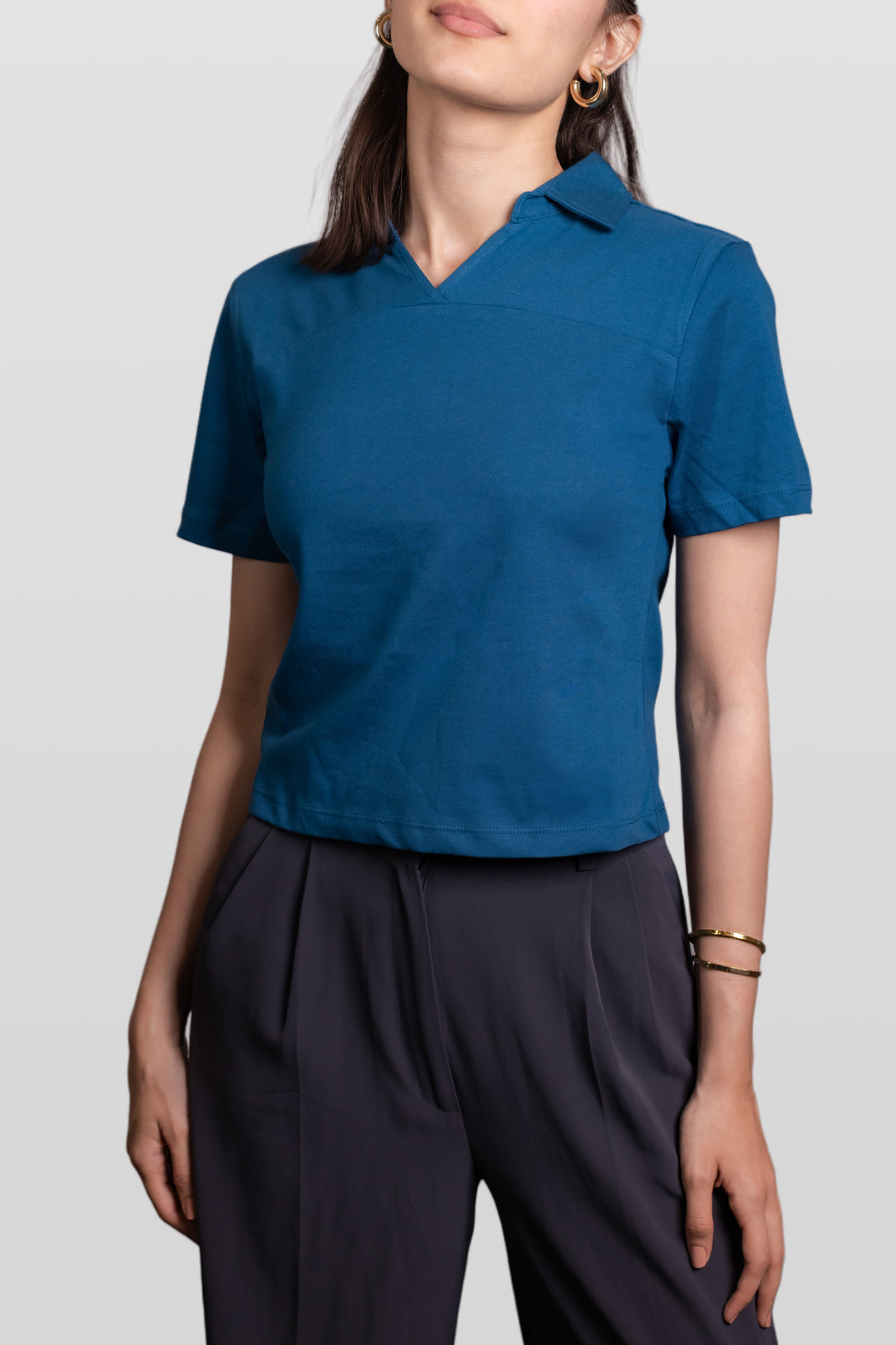 Teal Blue Ribbed Collar Neck Top