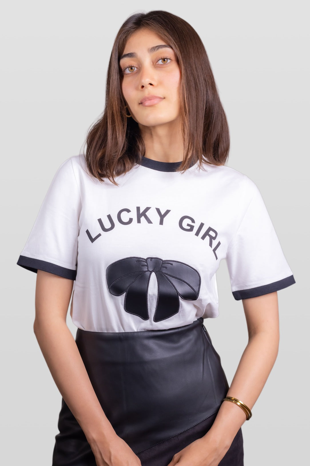 Lucky Girl Bow Graphic Tee – White & Black Contrast