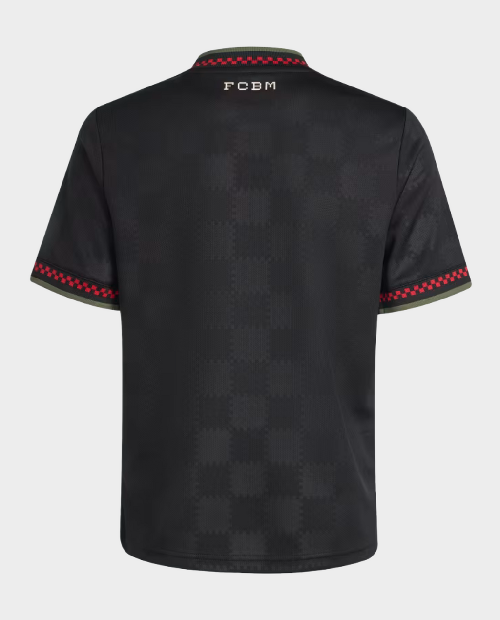 Hoop Store black Bayern Munich third jersey 2025-26 back view with subtle checker pattern red check trim and FCBM neck print