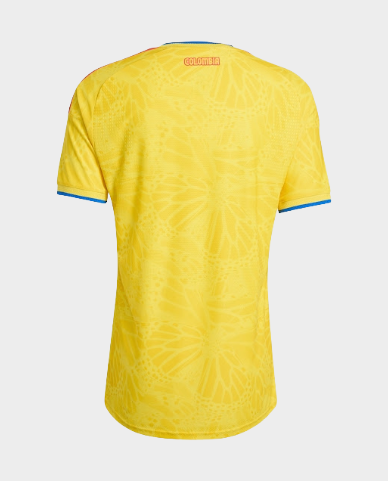 Colombia Home FIFA WC Jersey 2026 in yellow with unique butterfly pattern and blue accents