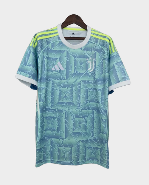 Juventus away jersey 25-26 with light blue geometric pattern and neon yellow stripes from Hoop Store