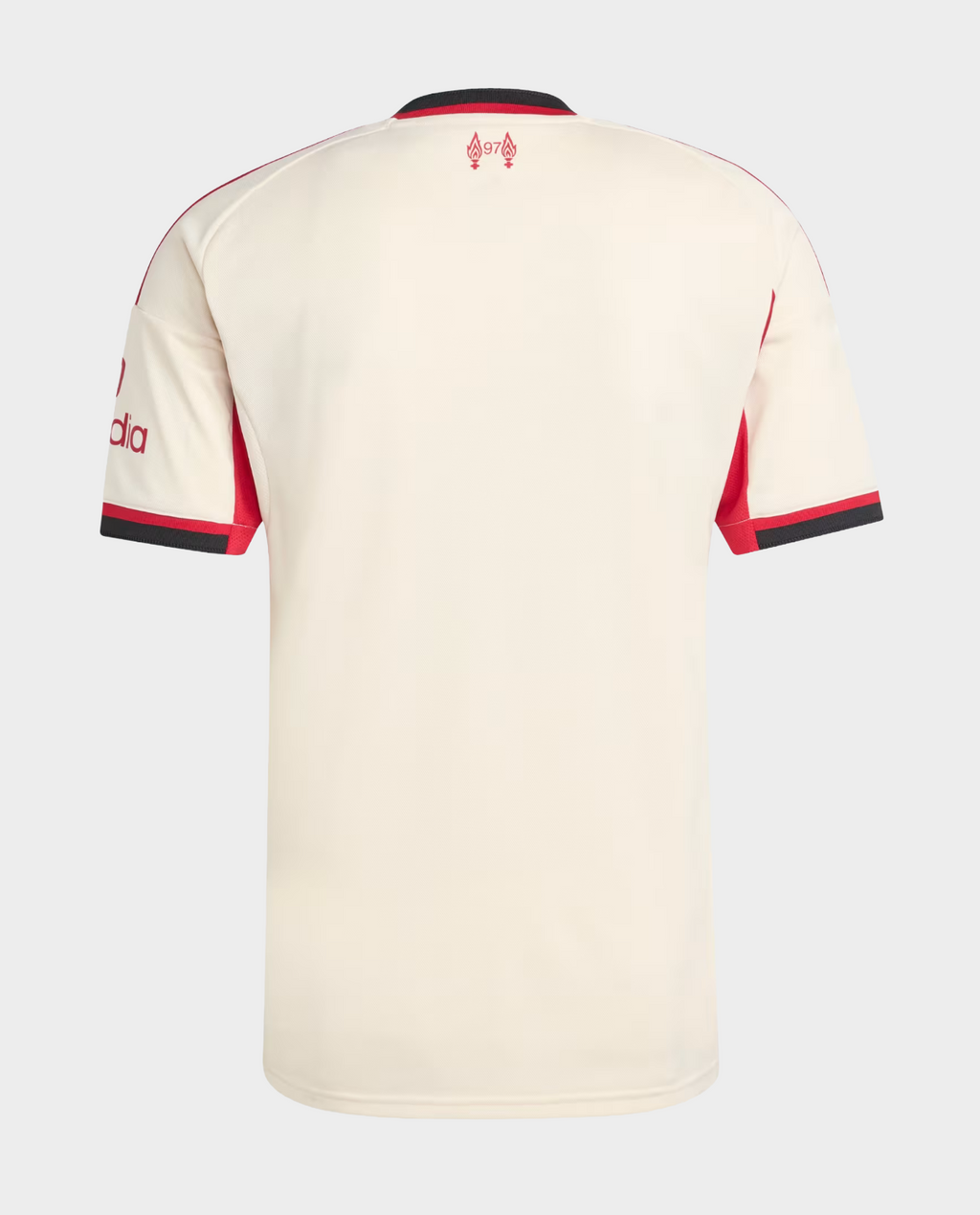 Liverpool Away Jersey 2025-26 cream back view with red sleeve accents and black collar detail from Hoop Store