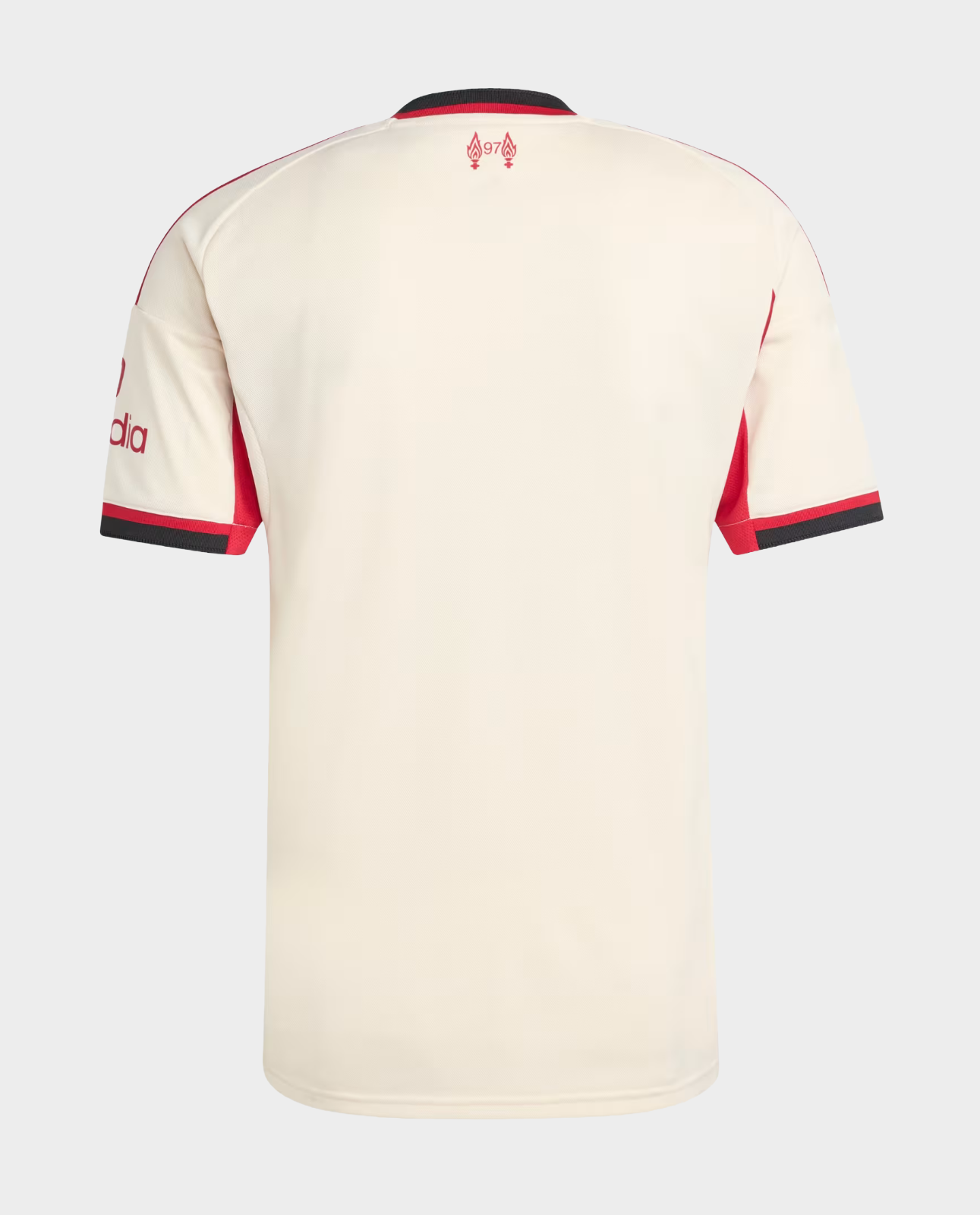 Liverpool Away Jersey 2025-26 cream back view with red sleeve accents and black collar detail from Hoop Store