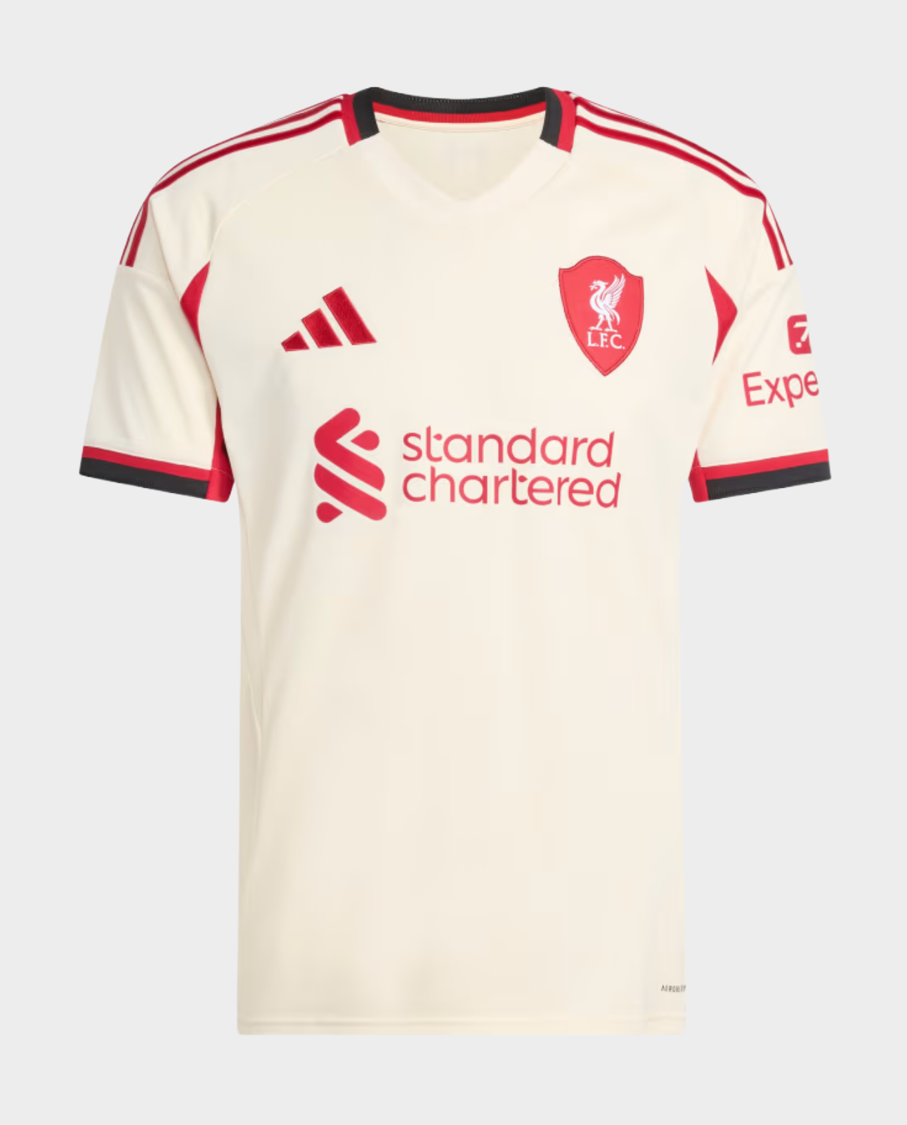 Hoop Store Liverpool Away Jersey 2025-26 cream kit with red trim and Standard Chartered sponsor logo