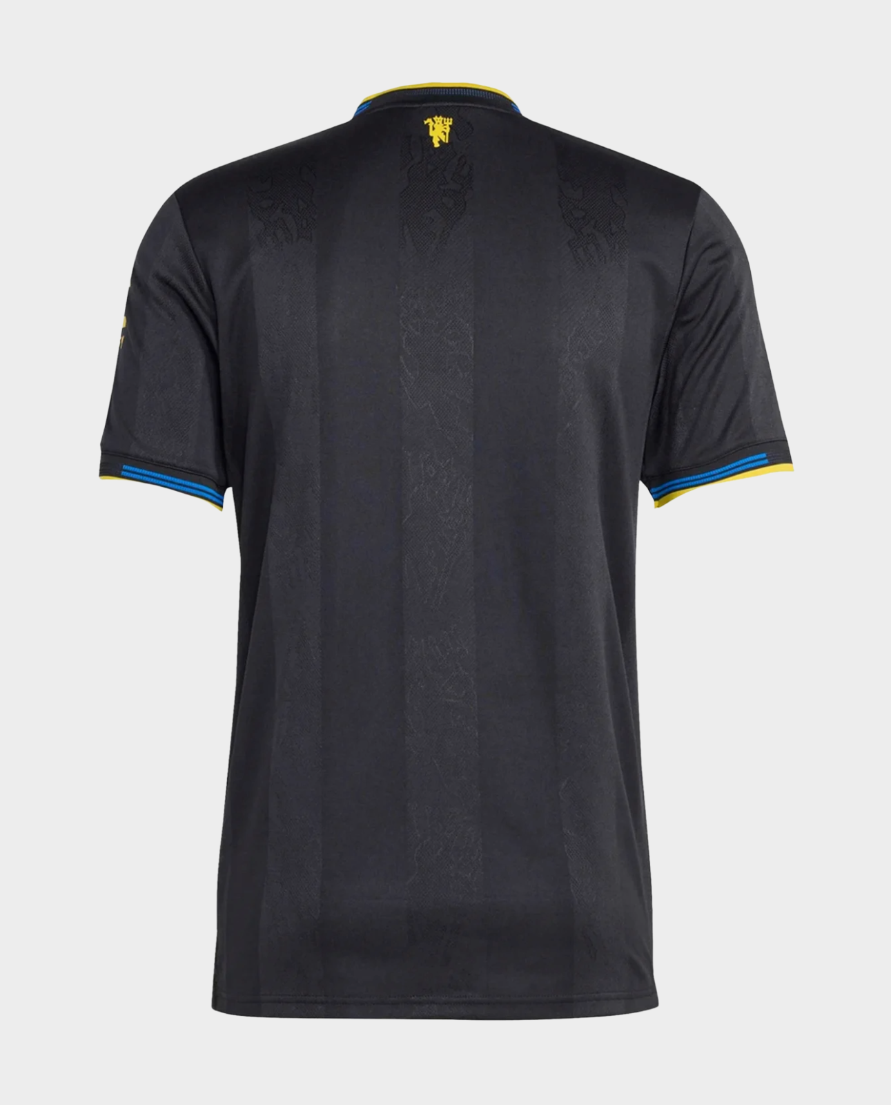 Hoop Store black back view Manchester United 2025-26 third jersey with blue and yellow sleeve trim and subtle pattern