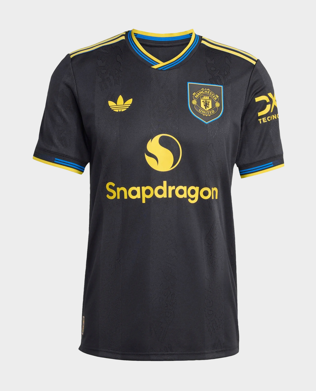 Hoop Store Manchester United 2025-26 third jersey black with club crest and yellow Snapdragon sponsor logo blue yellow trim