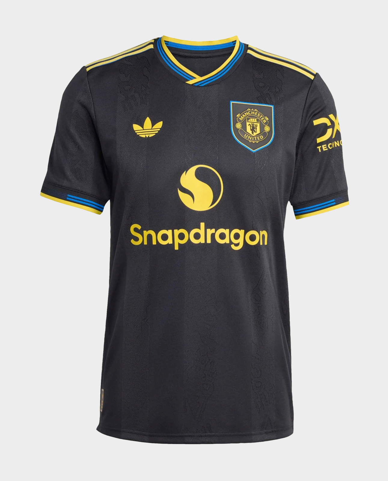 Hoop Store Manchester United 2025-26 third jersey black with club crest and yellow Snapdragon sponsor logo blue yellow trim