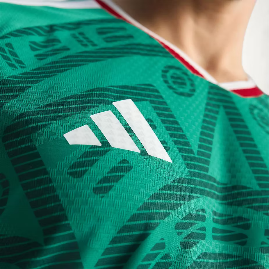 Close-up of the Mexico FIFA 2026 home jersey with iconic green design and Adidas logo