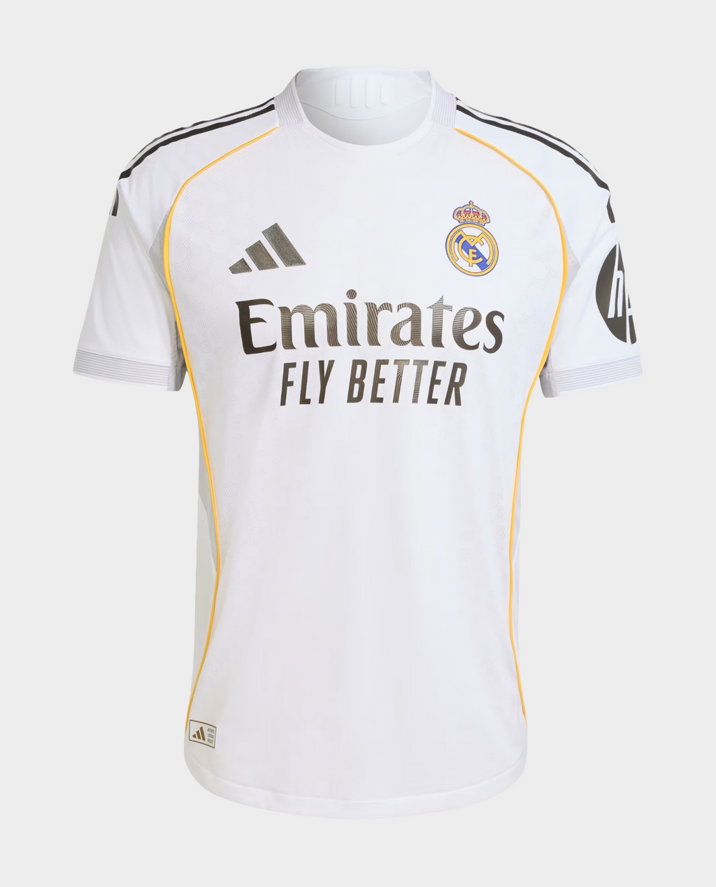 Hoop Store Real Madrid 2025 home jersey white with gold piping Adidas logo and Emirates Fly Better sponsor