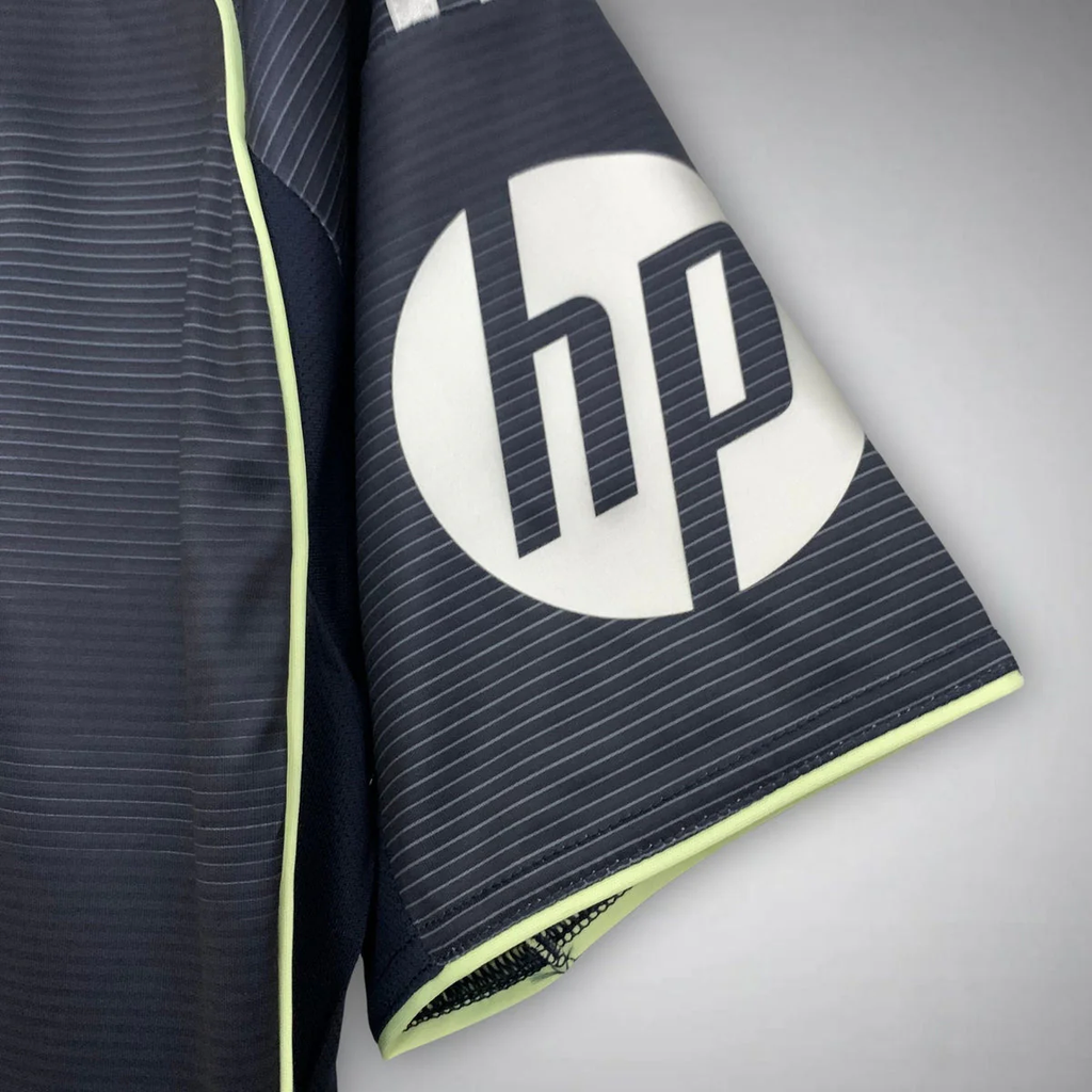 Real Madrid away jersey 2025 26 sleeve detail with hp logo and thin horizontal stripes from Hoop Store