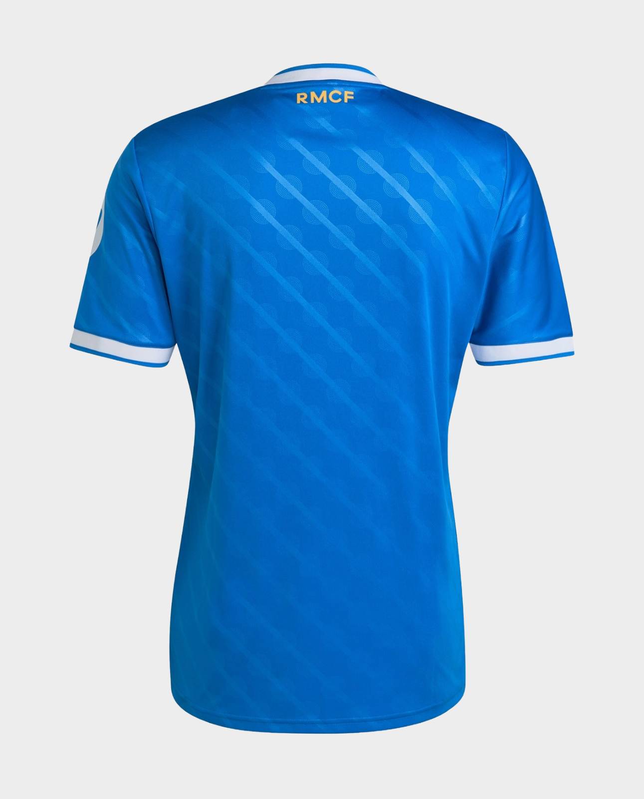 Back view of blue Real Madrid Third Jersey 2025-26 with diagonal pattern white sleeve trim RMCF at neck from Hoop Store