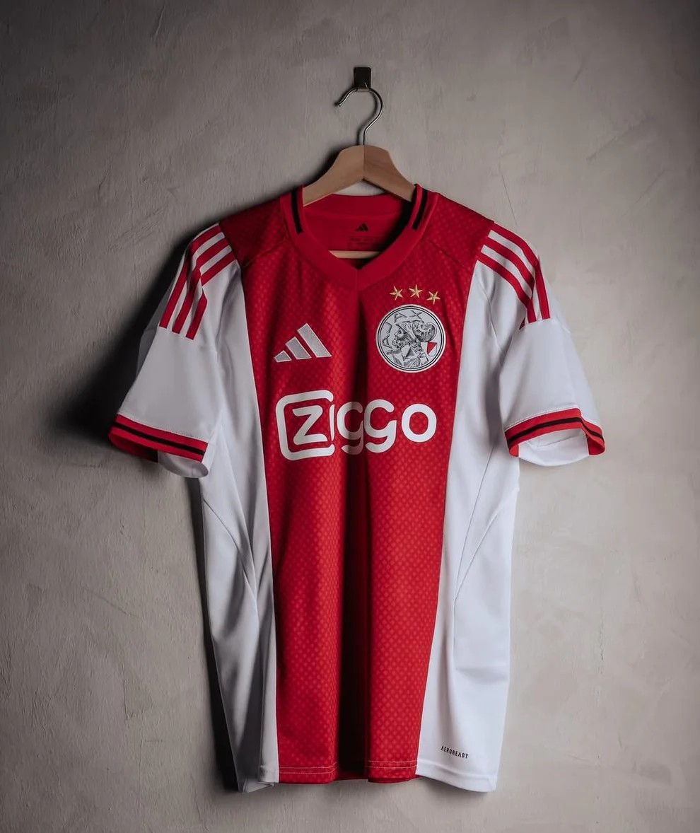 Ajax home jersey 2025-26 player version featuring red and white colors with Adidas logo