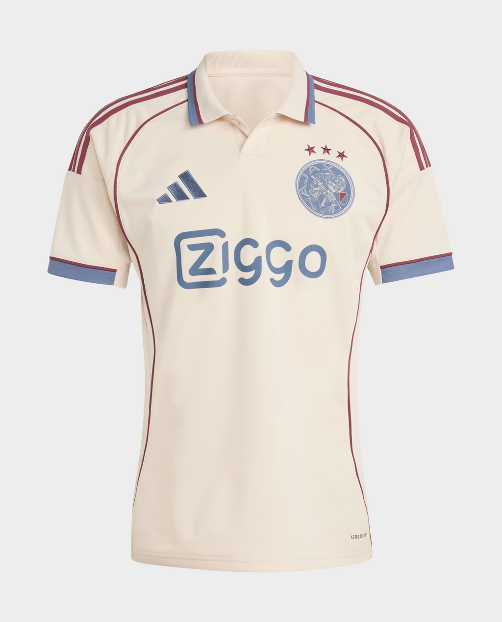 Ajax Third Jersey 2025-26 in cream color with maroon accents and Ziggo logo
