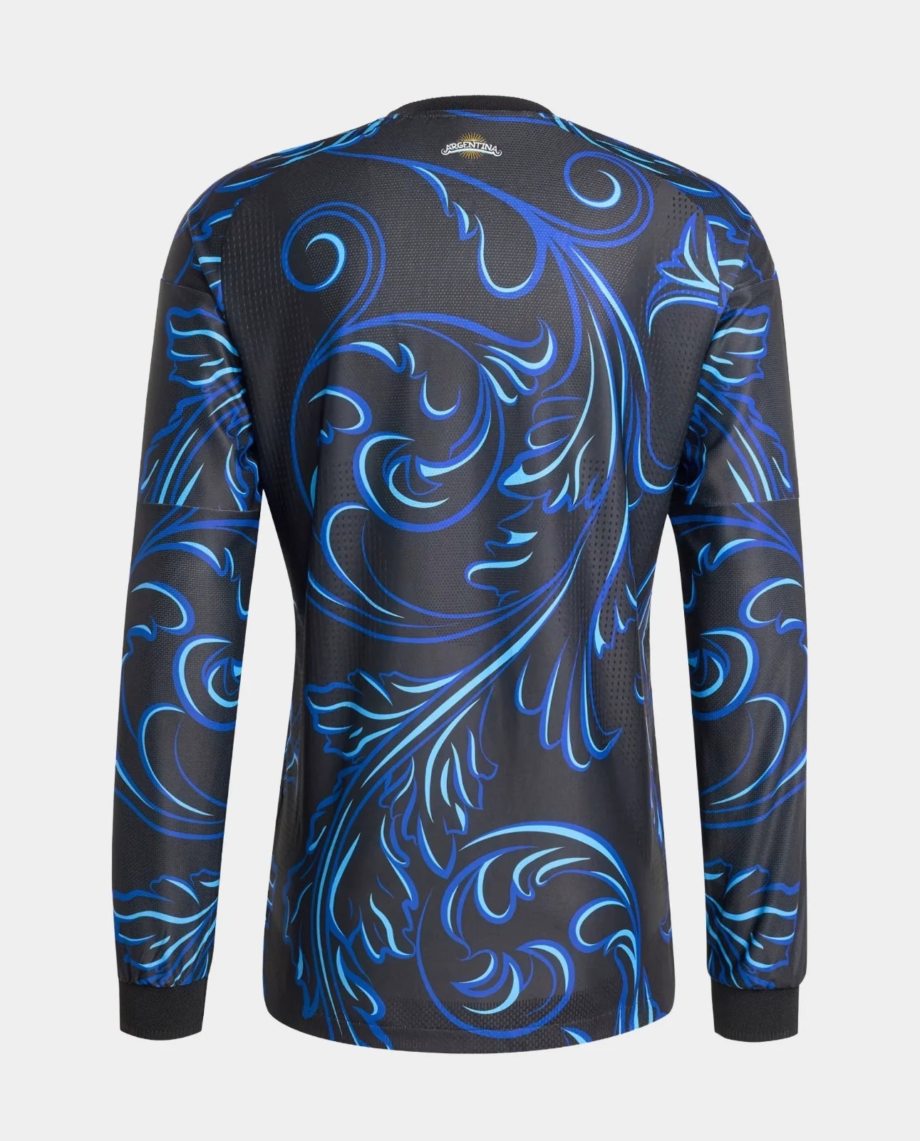 Argentina Away Full Sleeves FIFA WC Jersey 2026 with a stylish blue floral design on the back