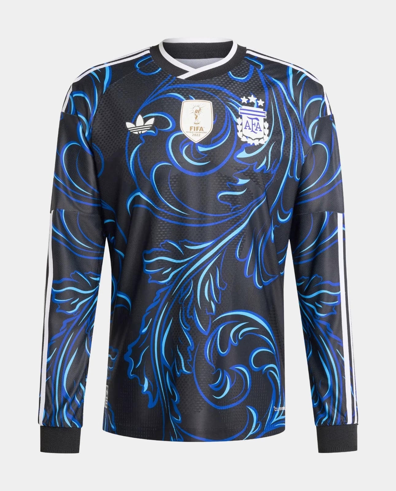 Argentina Away Full Sleeves FIFA WC Jersey 2026 with a stylish blue floral design on a black background