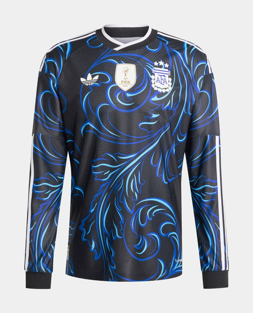 Argentina Away Full Sleeves FIFA WC Jersey 2026 with a stylish blue floral design on a black background