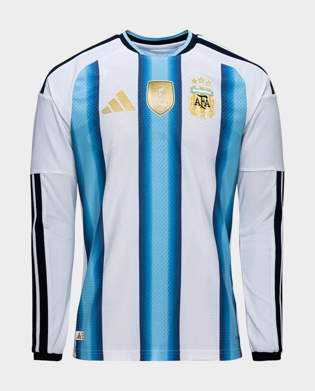 Argentina Home Full Sleeves FIFA WC Jersey featuring blue and white stripes with official badges