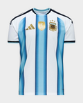 Argentina home jersey 2025 26 featuring blue and white stripes with gold accents and team badge