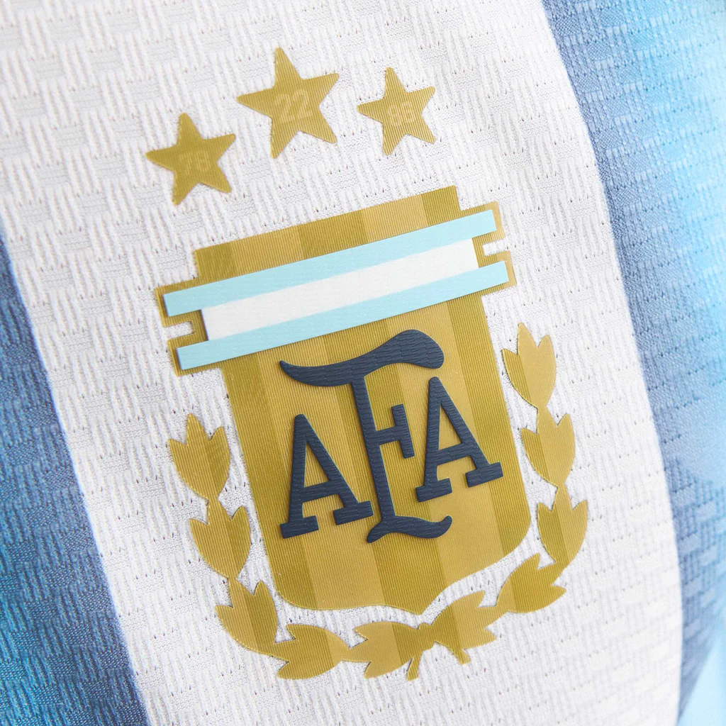 Close-up of the Argentina Messi 2026 FIFA World Cup jersey featuring the AFA emblem and stars