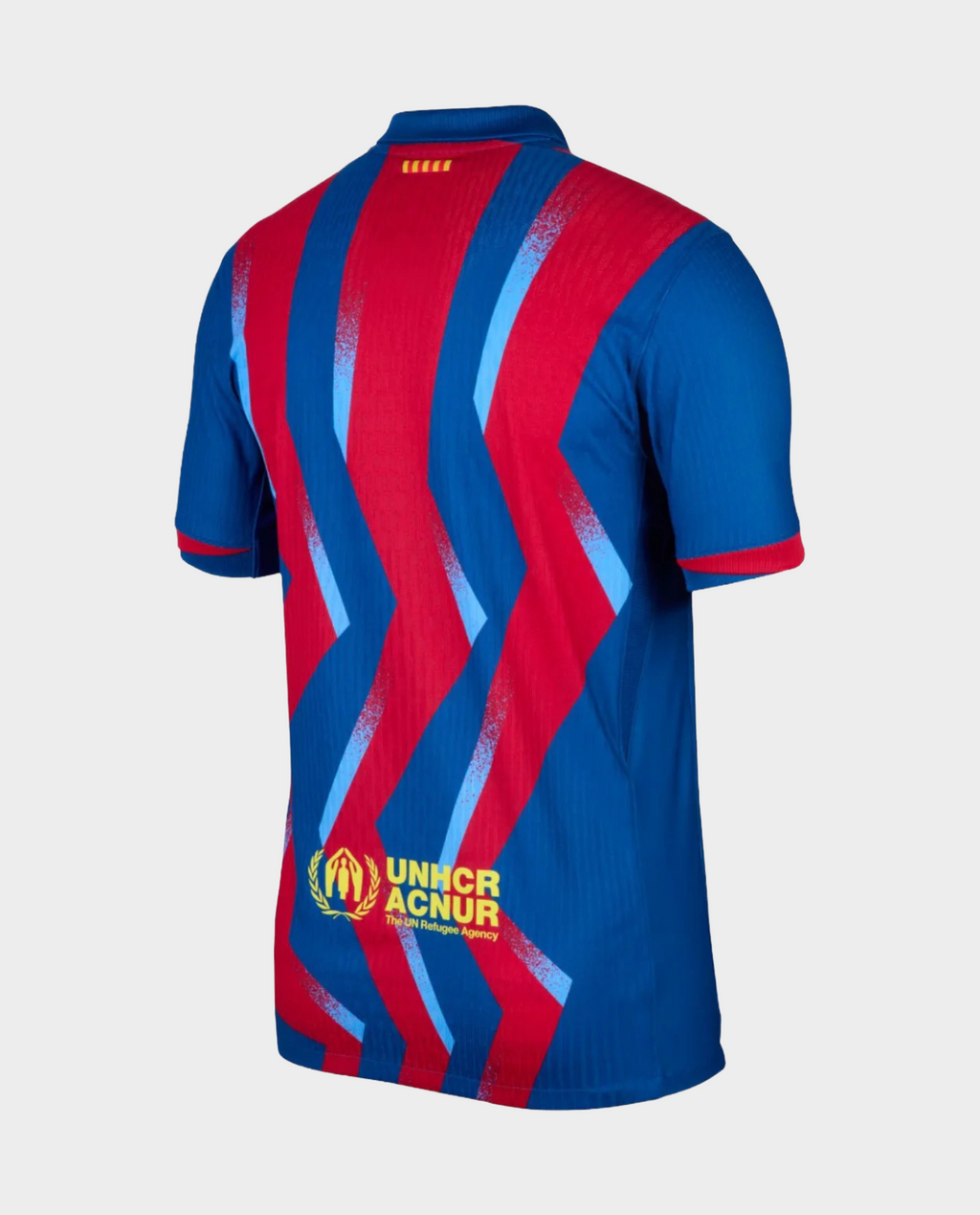 Barcelona Fourth Jersey 2025-26 Player Version featuring a vibrant blue and red design with UNHCR logo