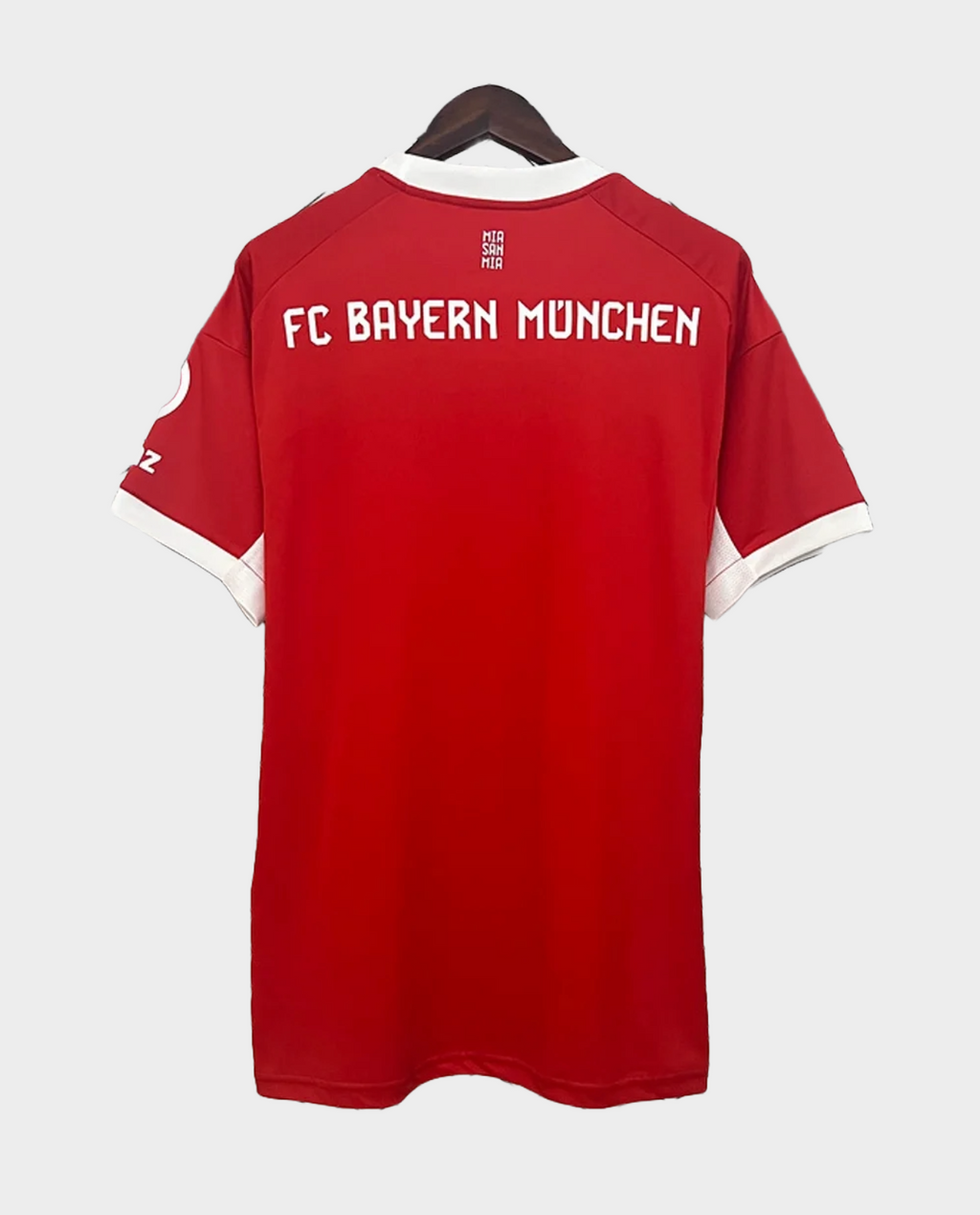 Back view of Bayern Munich 2025-26 home jersey in red with FC Bayern Munchen text
