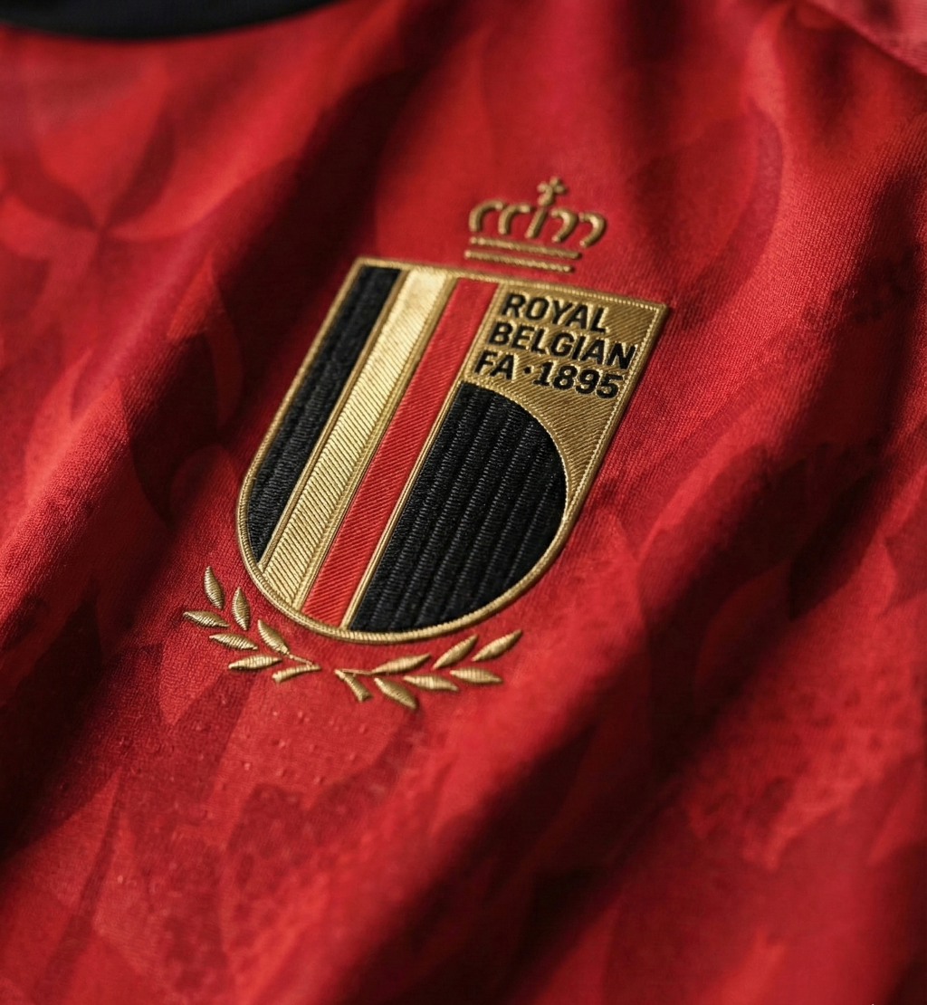 Close-up of the crest on the Belgium FIFA 2026 home jersey featuring the Royal Belgian FA emblem