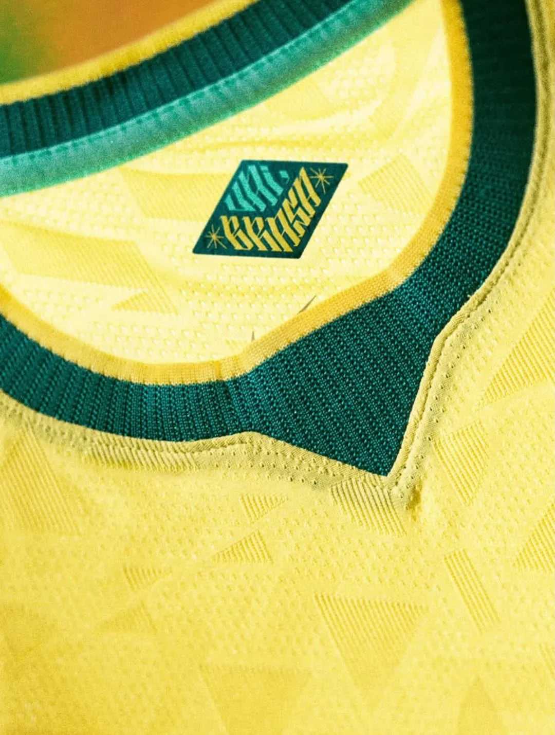 Close-up of Brazil 2026 FIFA World Cup jersey collar in vibrant yellow and green colors