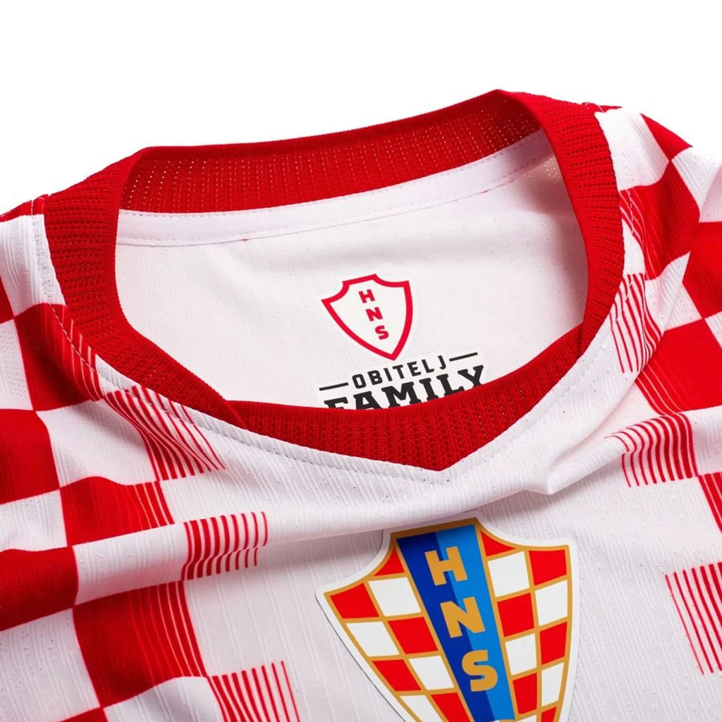 Close-up of Croatia Home FIFA WC Jersey 2026 Fan Version showcasing the iconic checkered design and logo.