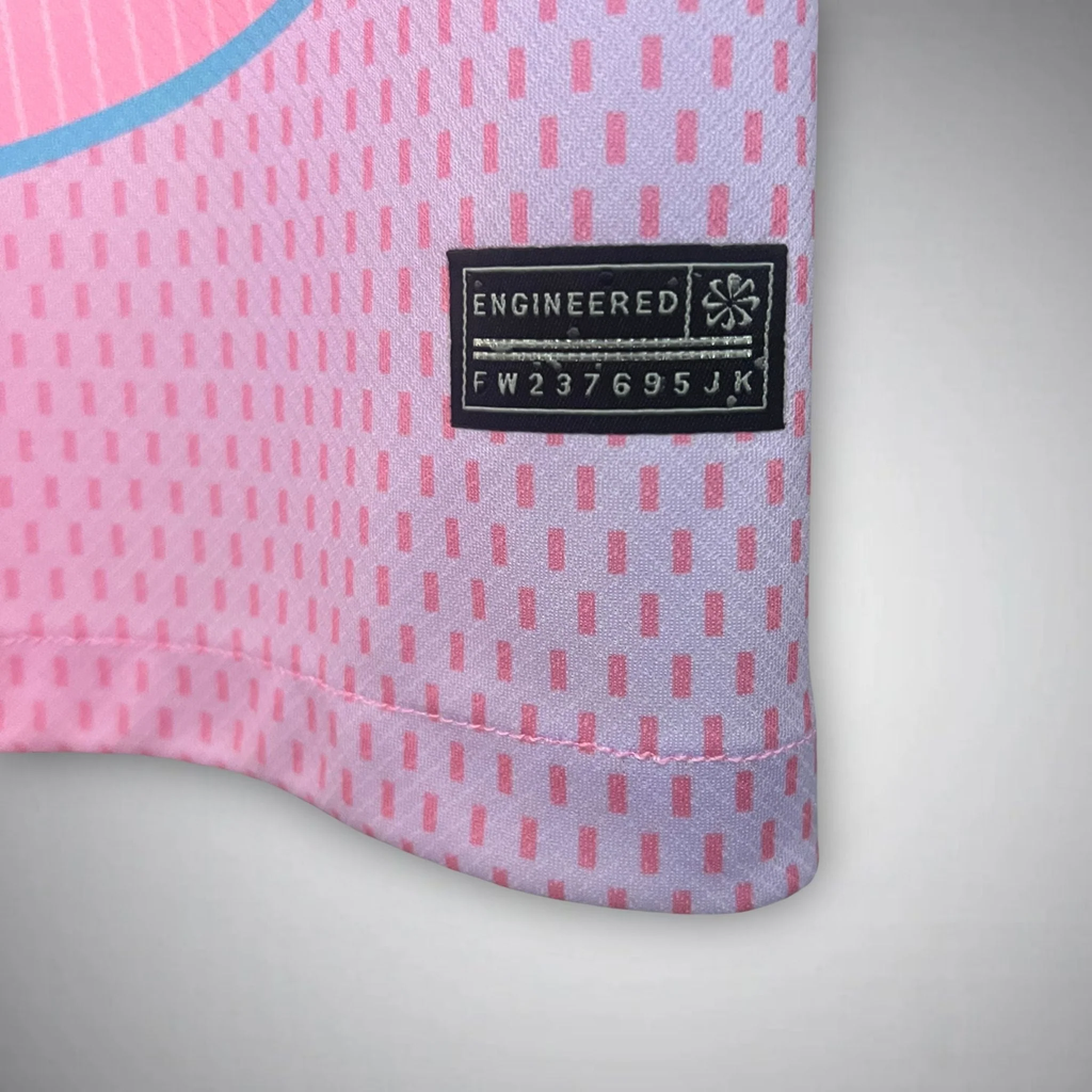 Close-up of engineered label on FC Barcelona Pink Jersey 2025 showing fabric details and stitching