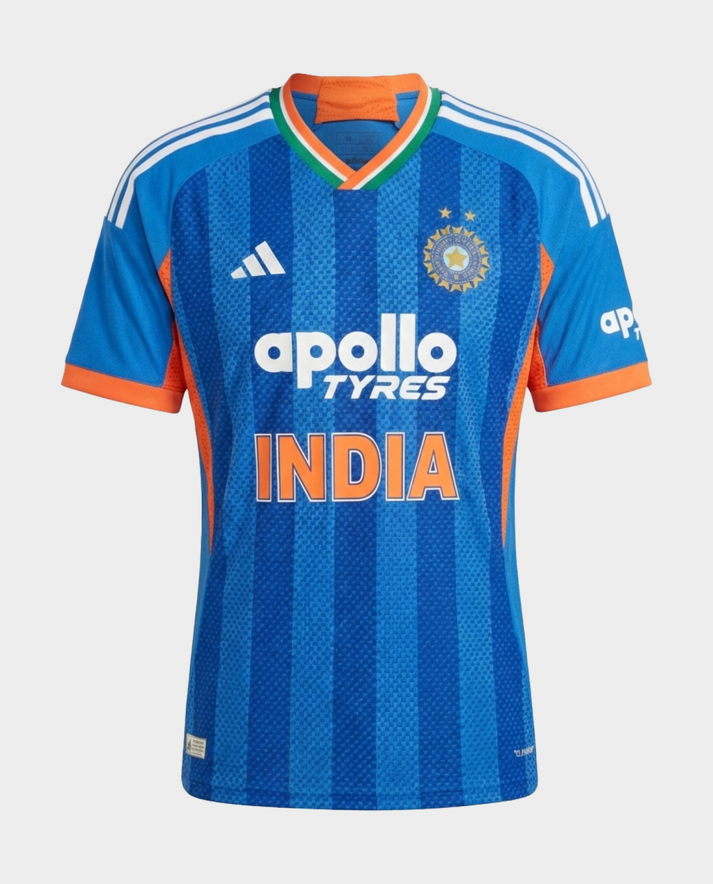 Hoop Store India T20 World Cup jersey 2026 in blue with vibrant orange details and Apollo Tyres logo
