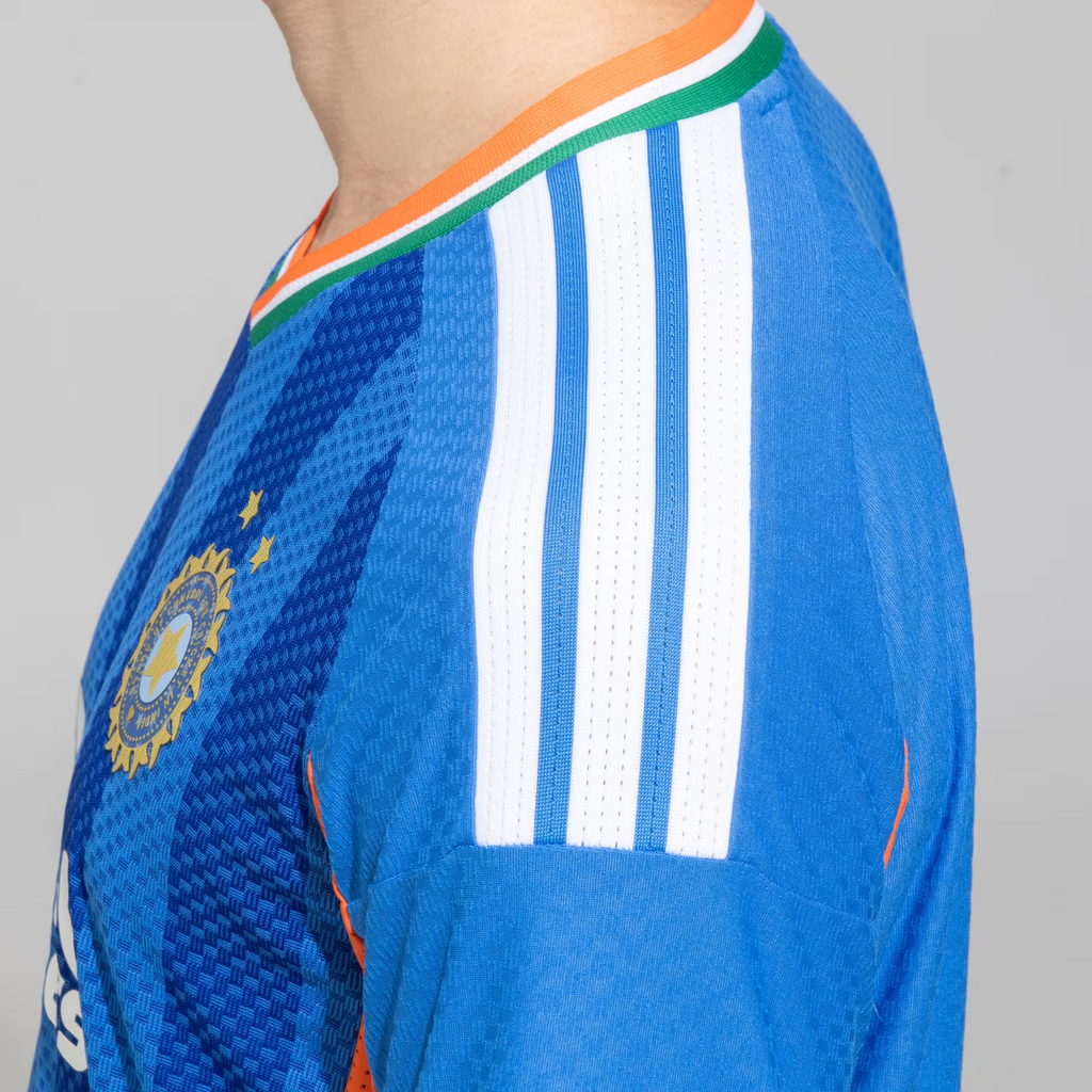 Side view of Hoop Store India T20 World Cup jersey 2026 with vibrant blue and tri-color accents