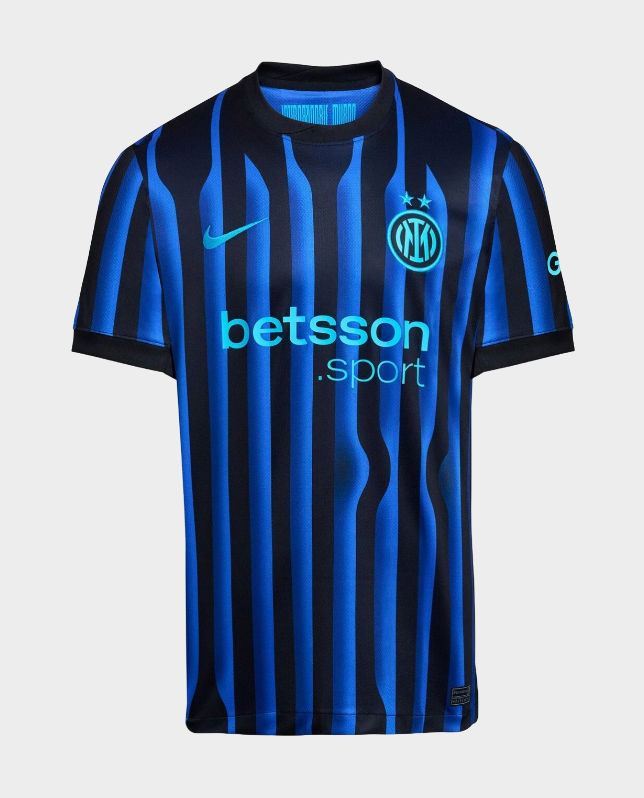 Hoop Store Inter Milan 2025-26 home jersey with black and blue vertical stripes and sponsor logo