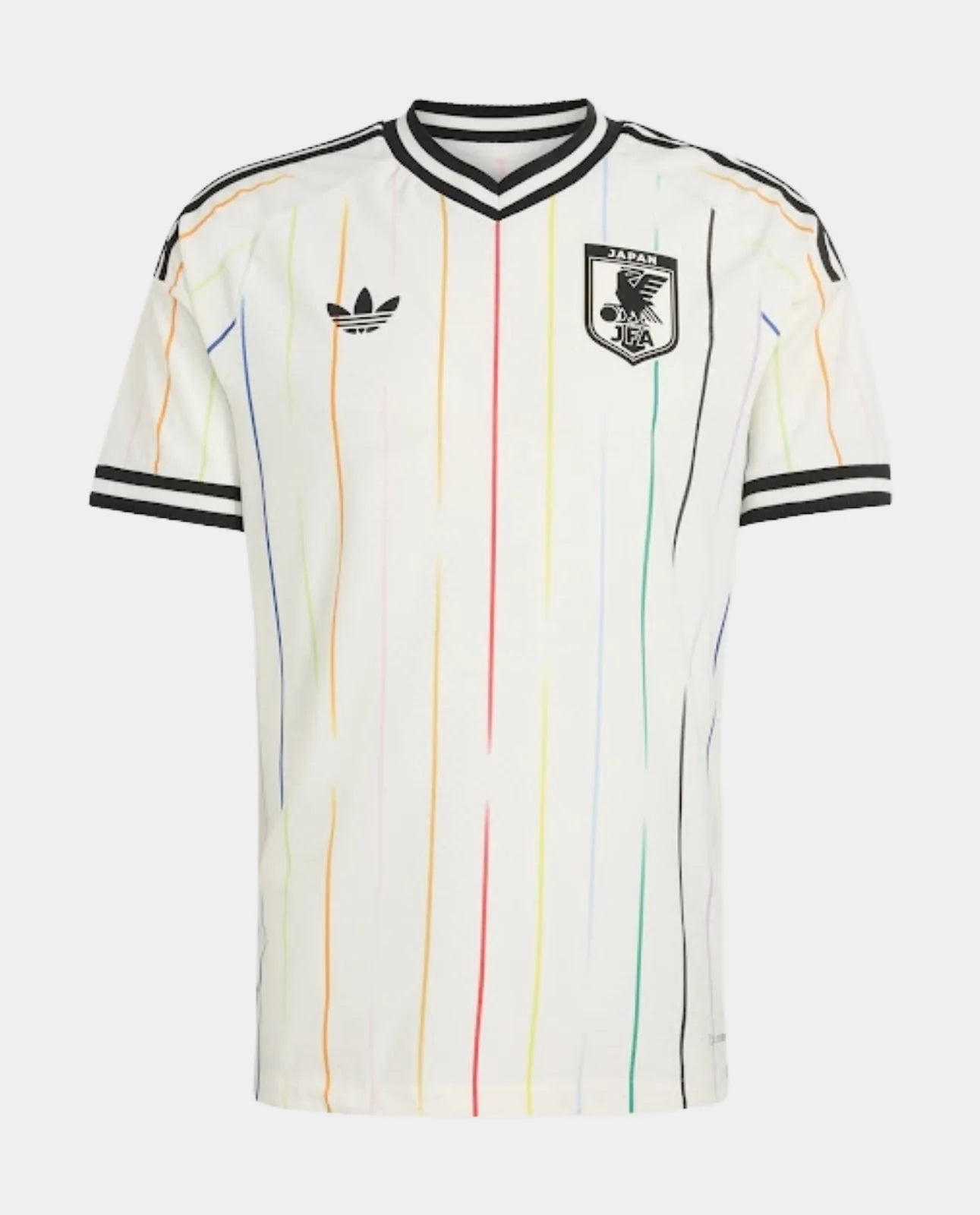 Japan Away FIFA WC Jersey 2026 in white with colorful vertical stripes and adidas logo