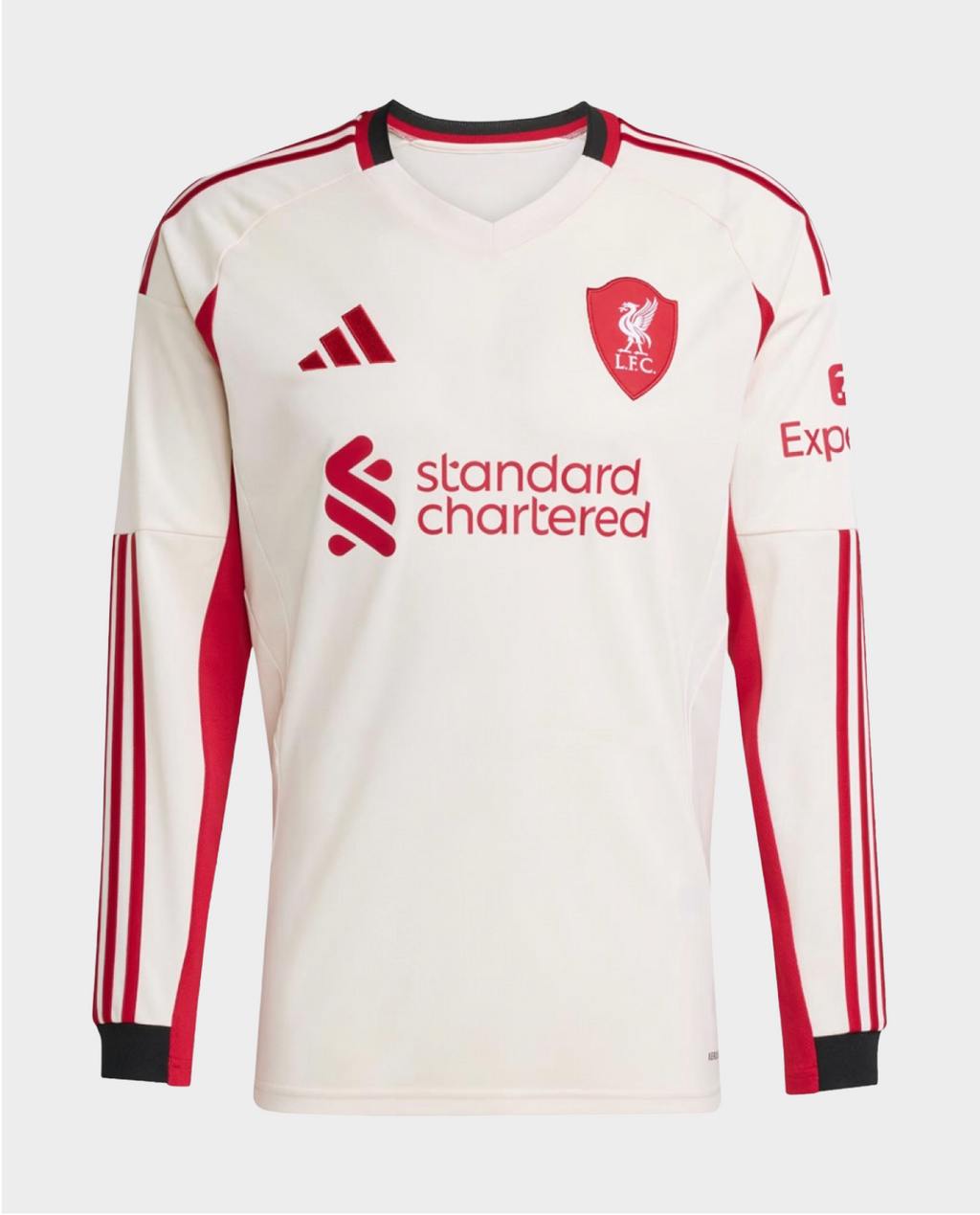 Liverpool away jersey 2025-26 full sleeve in cream with red accents and sponsor logo