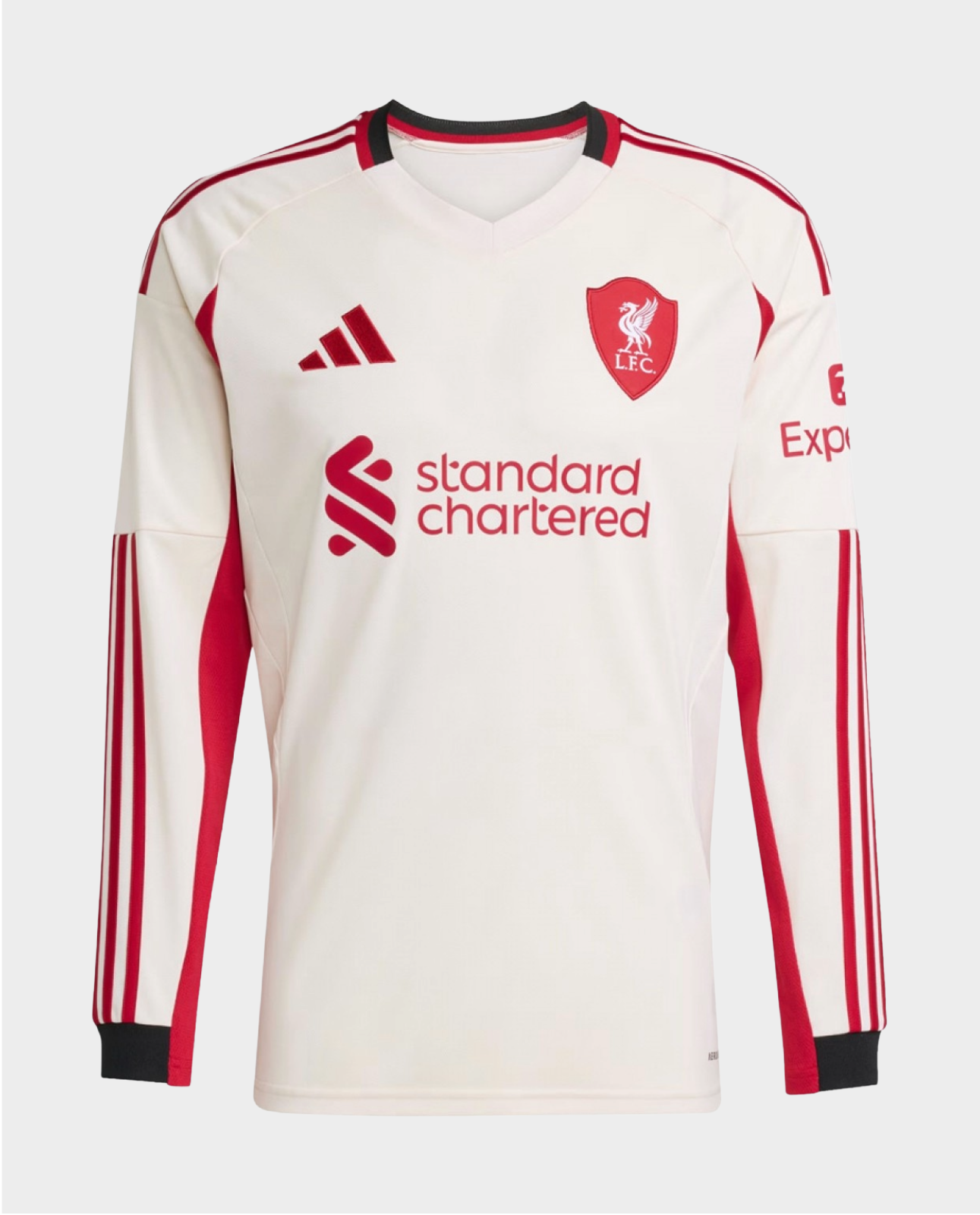Liverpool away jersey 2025-26 full sleeve in cream with red accents and sponsor logo