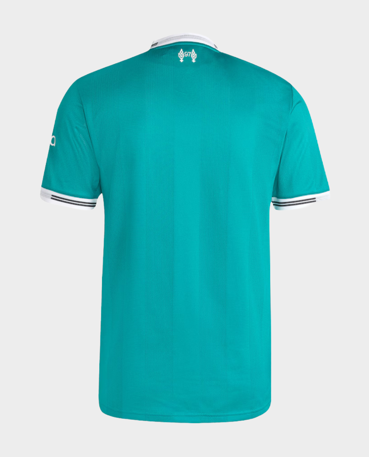 Back view of Liverpool third jersey 2025-26 player version in teal with black and white accents