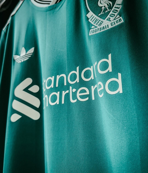 Liverpool third jersey 2025-26 player version in teal with Standard Chartered logo and Adidas branding