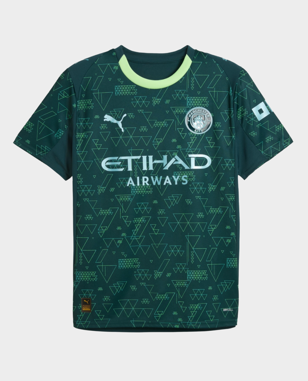Manchester City Fourth Jersey 2025-26 in green featuring geometric patterns and club logo