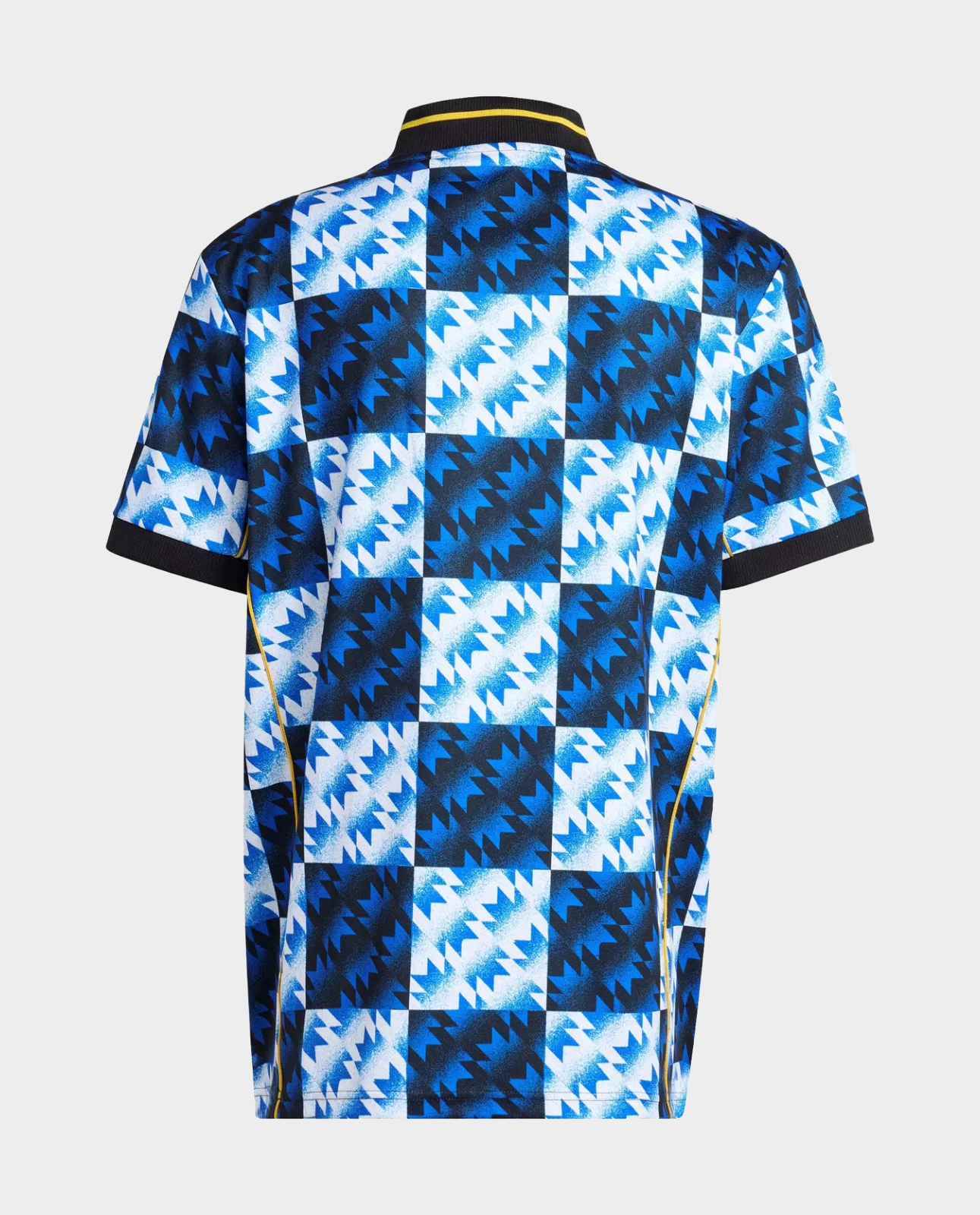 Back view of the Manchester United LFSTLR special edition jersey featuring a vibrant blue and black geometric pattern