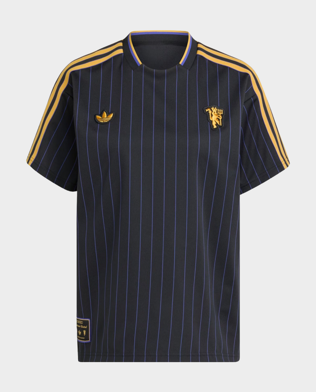 Hoop Store Manchester United Terrace Icon jersey 2025-26 in navy with gold stripes and logo