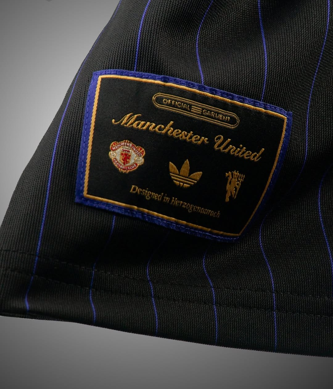 Close-up of the Manchester United Terrace Icon jersey 2025-26 label showing logo details