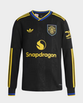 Manchester United third jersey 2025-26 in black with yellow accents and emblem from Hoop Store