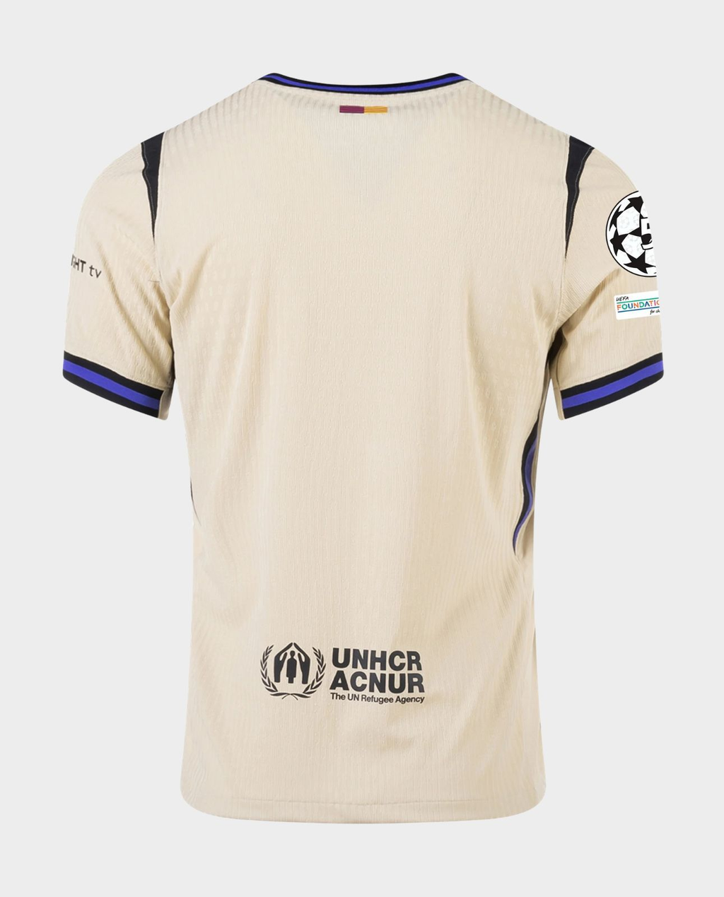 Hoop Store Barcelona away jersey 2025-26 beige back view with UNHCR logo and Champions League sleeve patch