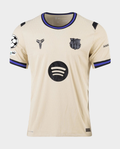 Hoop Store Barcelona away jersey 2025-26 cream short sleeve kit with black Spotify logo and purple trim