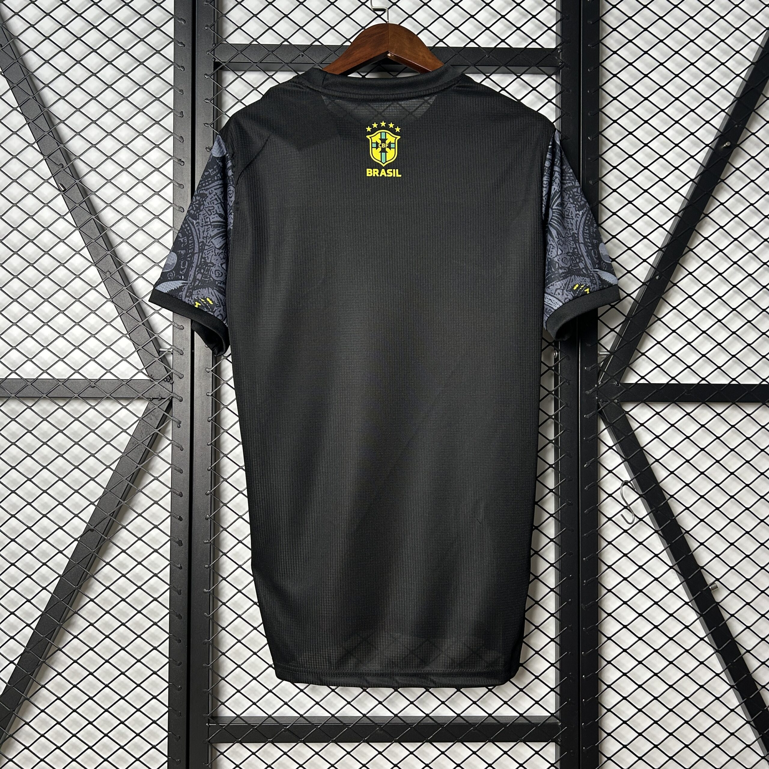 Back view of Hoop Store Brazil Christ the Redeemer jersey in black with patterned sleeves