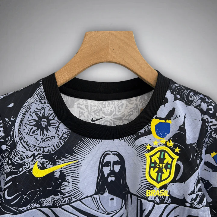 Brazil Christ the Redeemer jersey by Hoop Store featuring black collar and yellow Brazil football crest