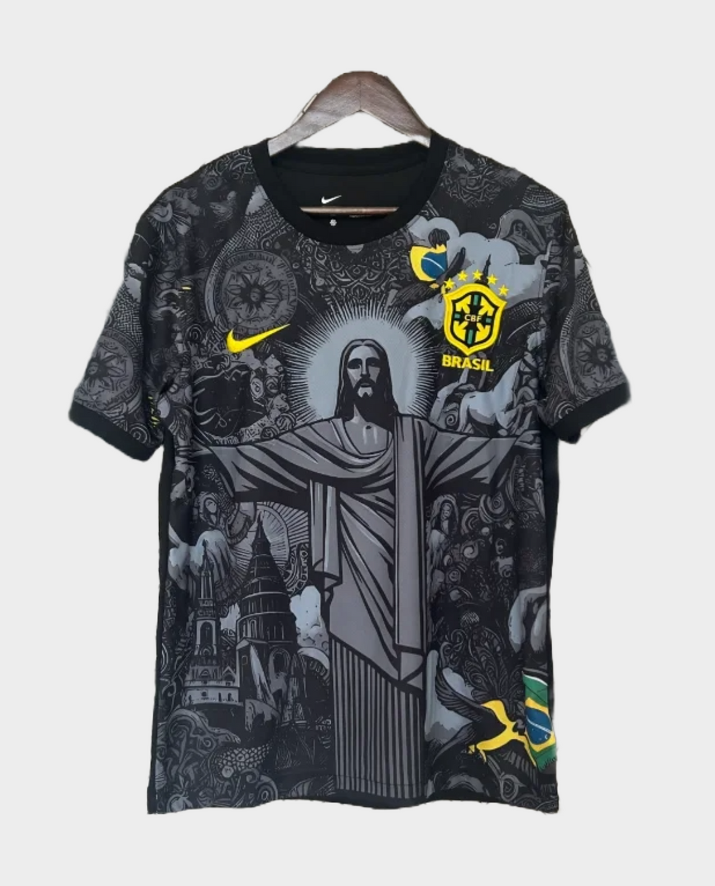 Brazil Christ the Redeemer jersey by Hoop Store featuring dark graphic design and Brazil emblem