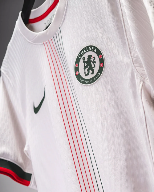 Chelsea away jersey 2025-26 by Hoop Store white with red and black stripes and club logo
